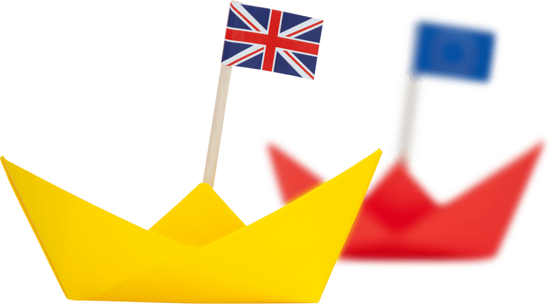 Transparent Paper Boats with UK and EU Flags Symbolism
