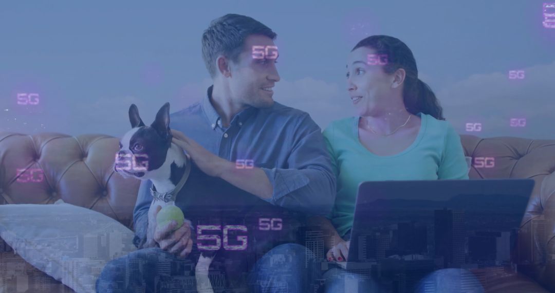 Couple With Dog Enjoying Wireless 5G Technology at Home