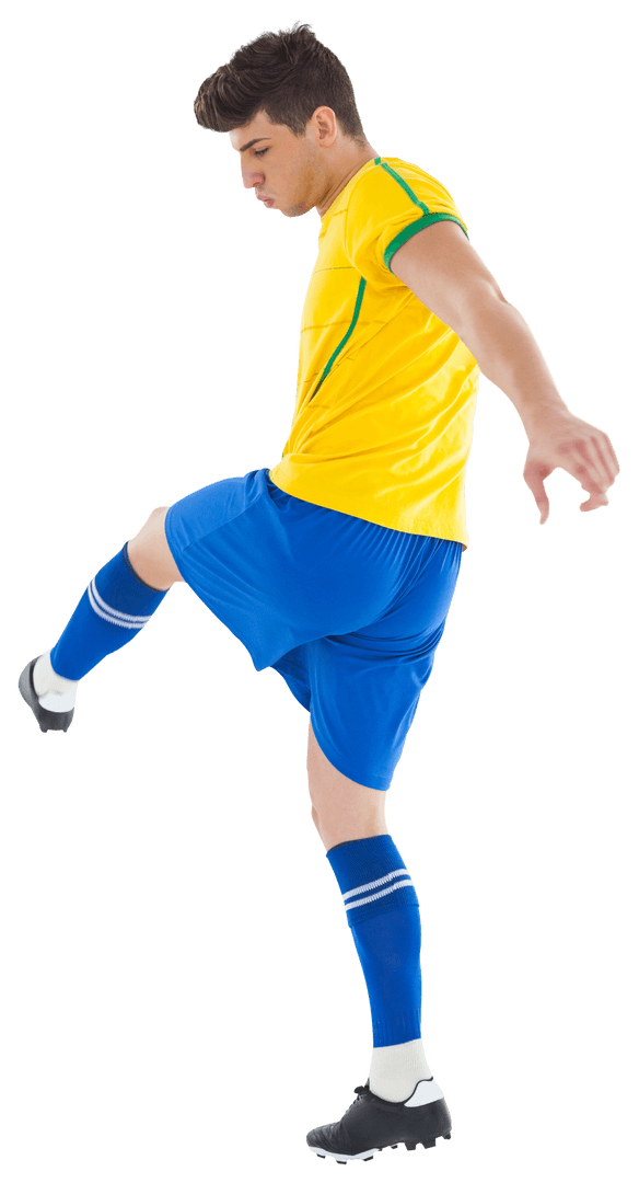 Caucasian Male Soccer Player Kicking Football on Transparent Background