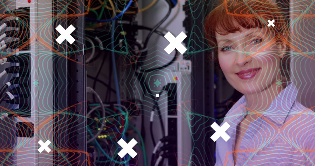 Smiling Technician Overseeing Modern Server Room with Digital Illustrations