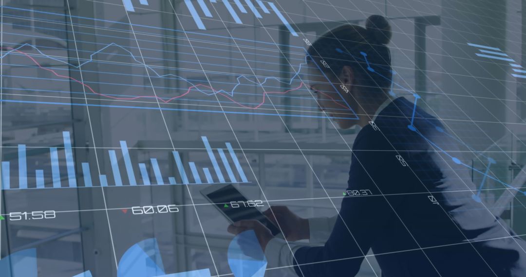 Business Woman Analyzing Digital Financial Graphs on Tablet