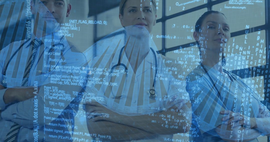 Medical Team in Hospital Analyzing Digital Data Overlay with DNA Graphics