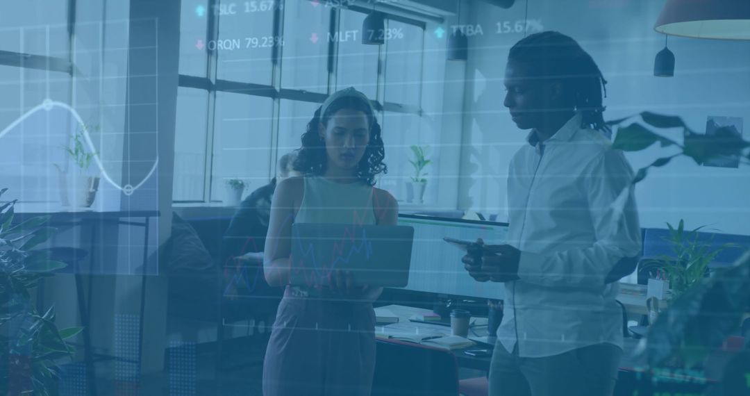 Finance Professionals Discussing Strategy with Digital Interface Overlay