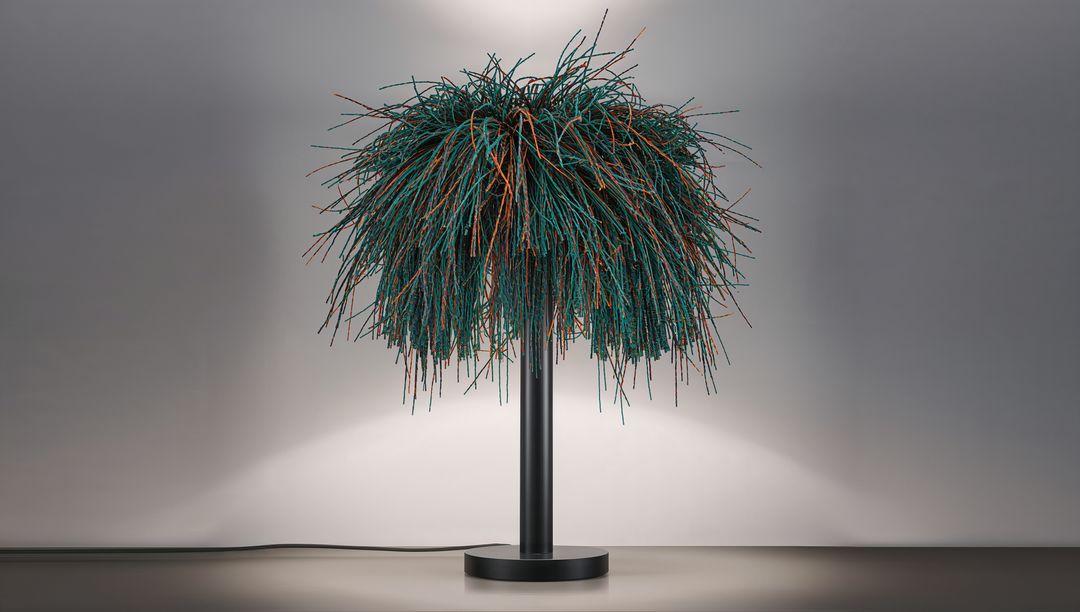 Teal and Copper Tufted Shade on Black Stem Sculptural Table Lamp for Modern Interiors