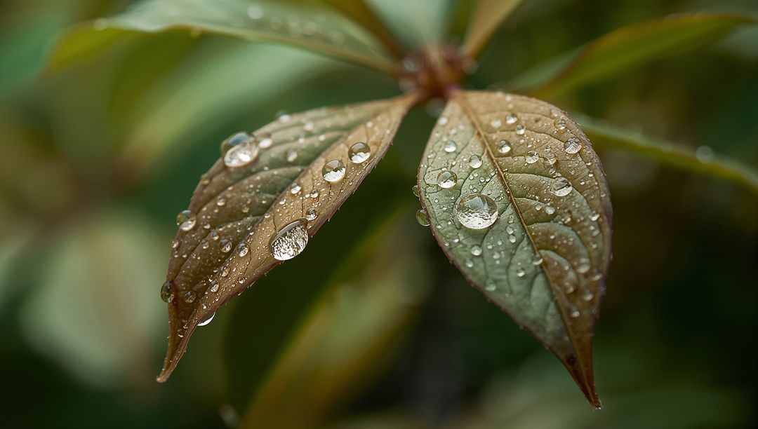 Overlapping leaves glittering with dew droplets, macro soft bokeh garden backdrop