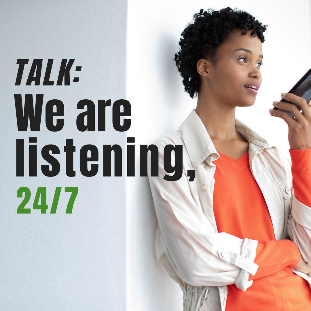 African American Woman Talking on Smartphone with Message: We Are Listening 24/7 - Download Free Stock Templates Pikwizard.com