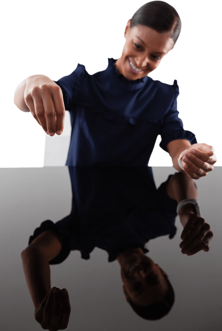 Smiling Businesswoman with Invisible Object Reflection