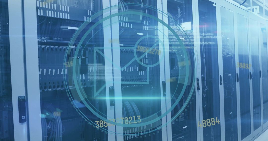 Digital Email Icon with Futuristic Data Servers Background