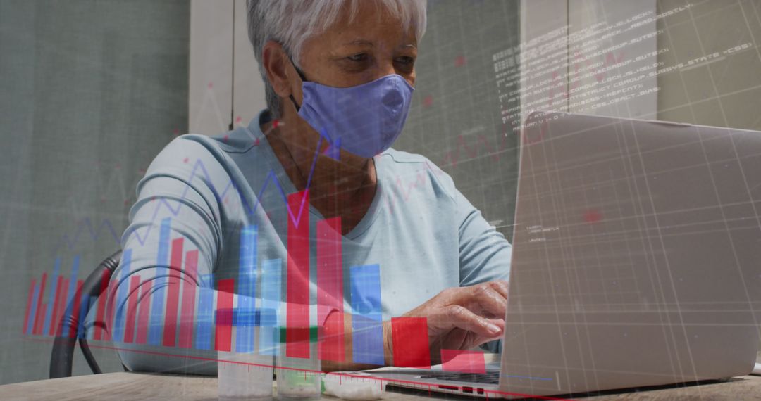 Senior Woman Analyzing Data with Transparent Charts