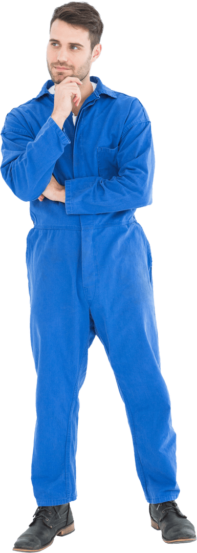 Thoughtful Male Mechanic in Blue Coveralls in Transparent Background