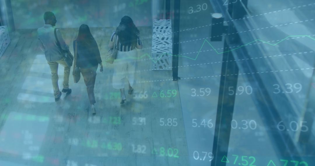 Overlay of Business Data with Diverse Professionals Walking Together