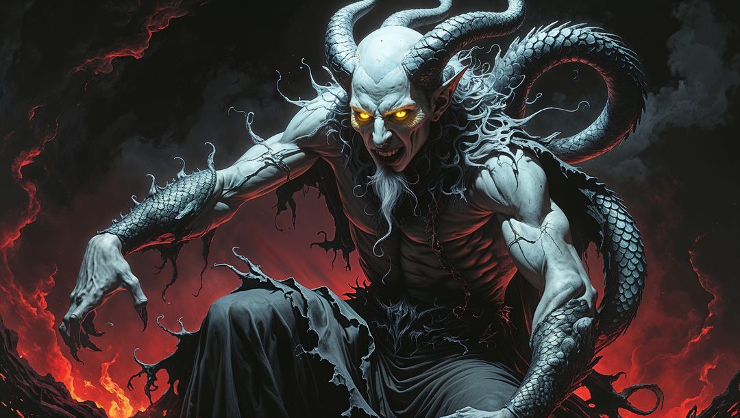 Fierce satan in fiery depths of hellish cavern