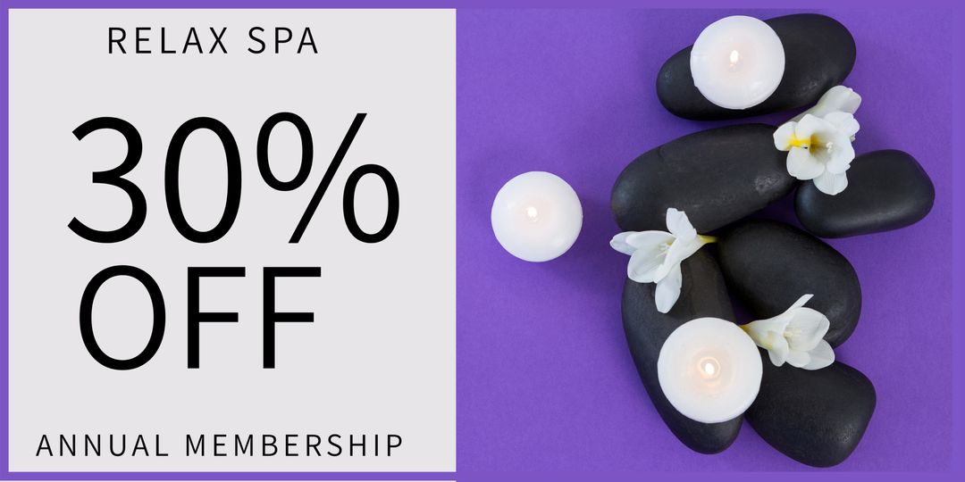 Spa discount promotion with candles, stones, and flowers