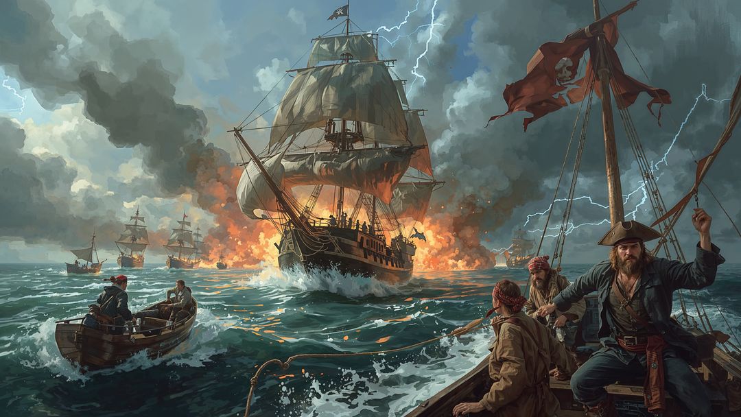 Pirate crew battling stormy sea with burning pirate ship in background