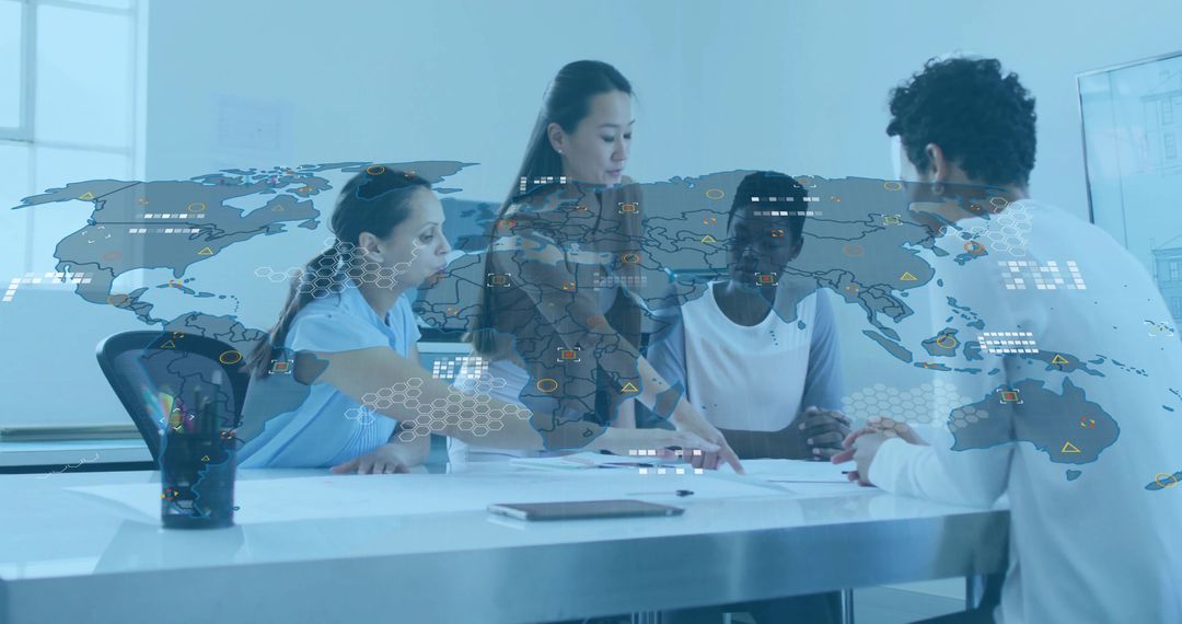 Global Business Team Discussing Strategies with World Map Overlay