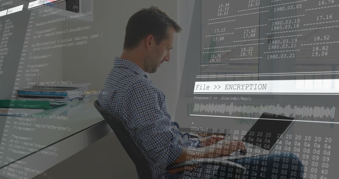 Developer Typing Code with Digital Overlay in Modern Office