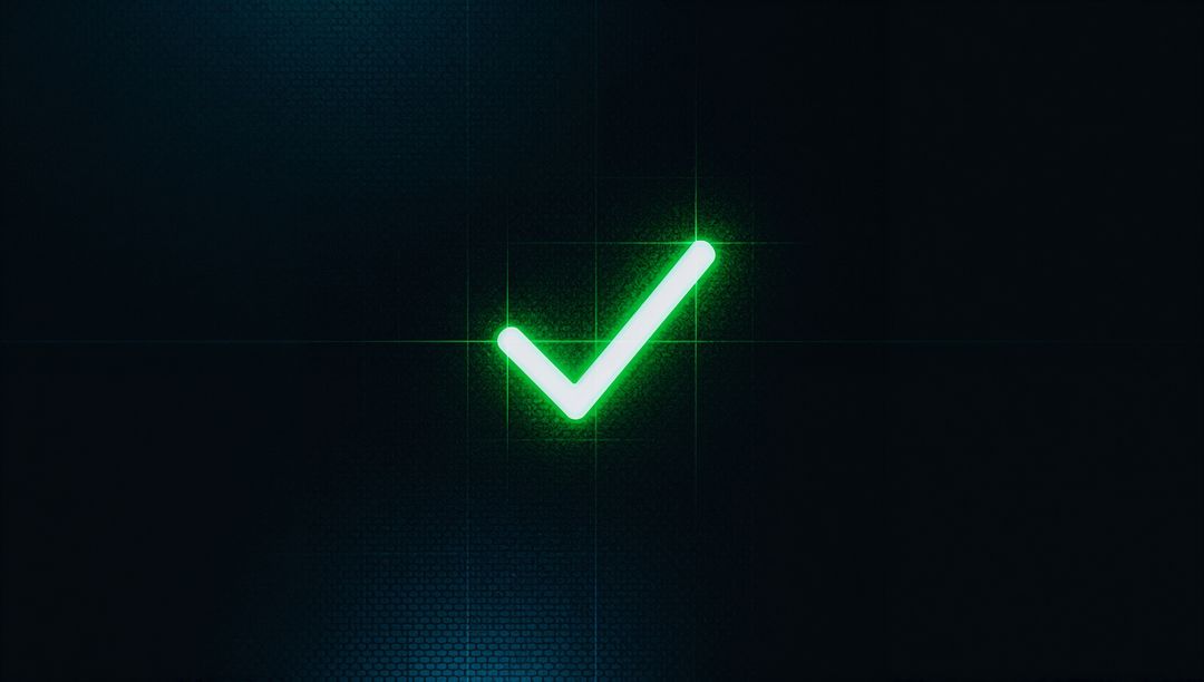 Bright Neon Check Mark on Futuristic Dark Interface Panel