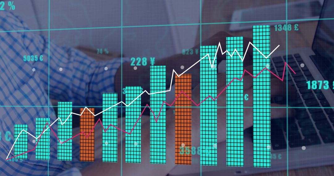 Businessman Analyzing Financial Data with Bar Graph Overlay on Laptop