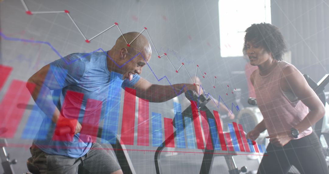 Trainer Motivating Client on Elliptical with Digital Graph Overlay