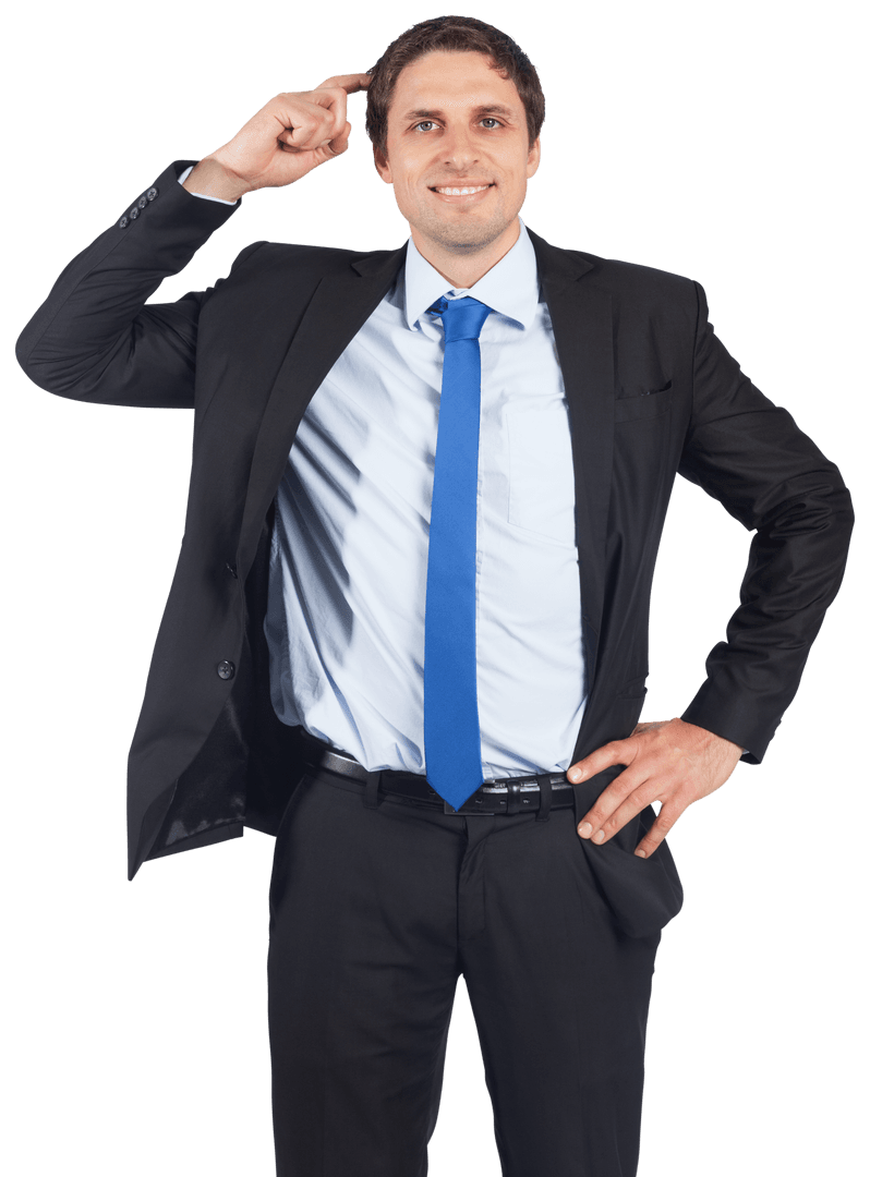 Transparent Happy Caucasian Businessman Scratching Head