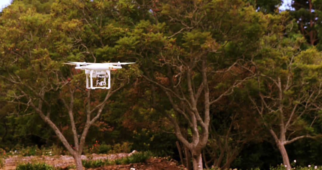 A camera-equipped drone flies among trees for photography, surveillance, and fun. - Free Images, Stock Photos and Pictures on Pikwizard.com