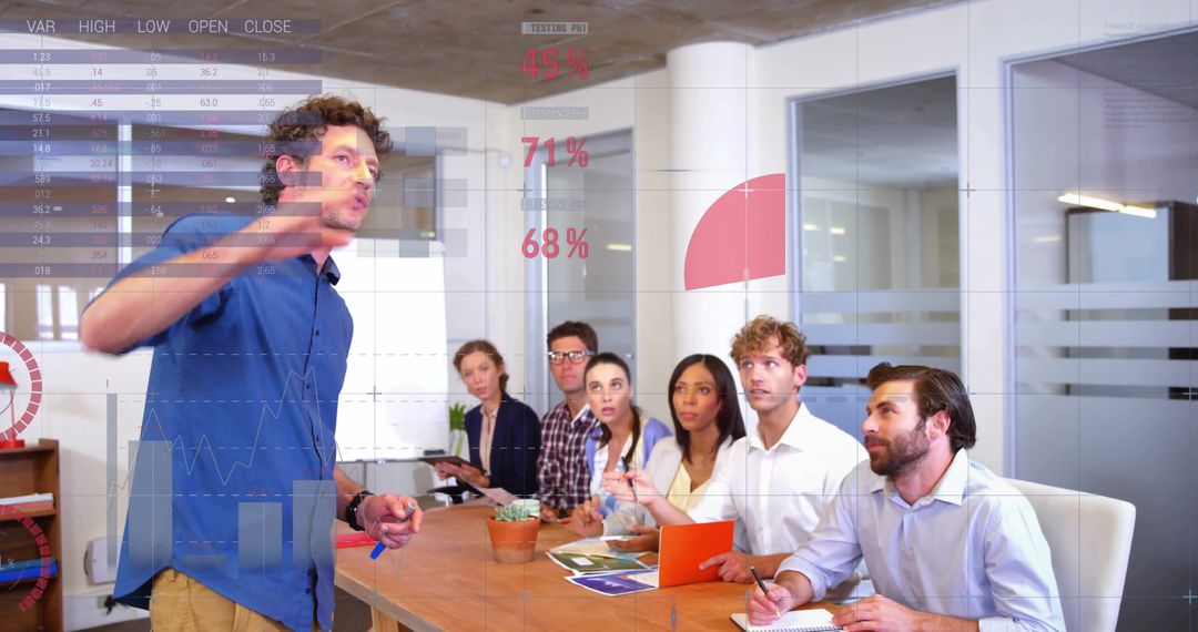 Team Collaborating In Business Meeting With Interactive Charts