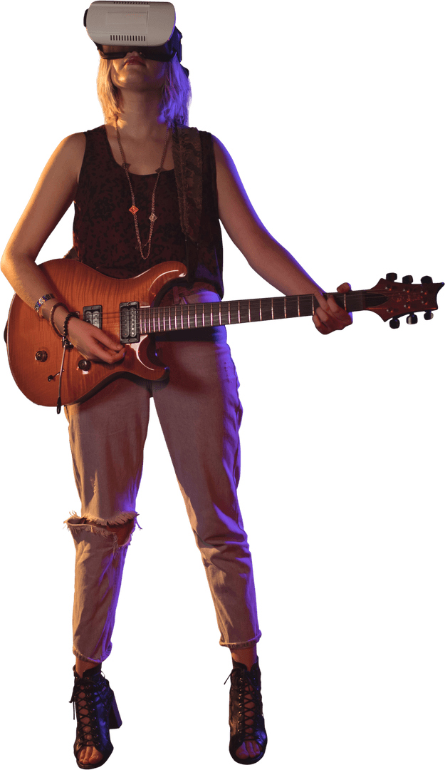 Young Woman Playing Guitar with Virtual Reality on Transparent Background