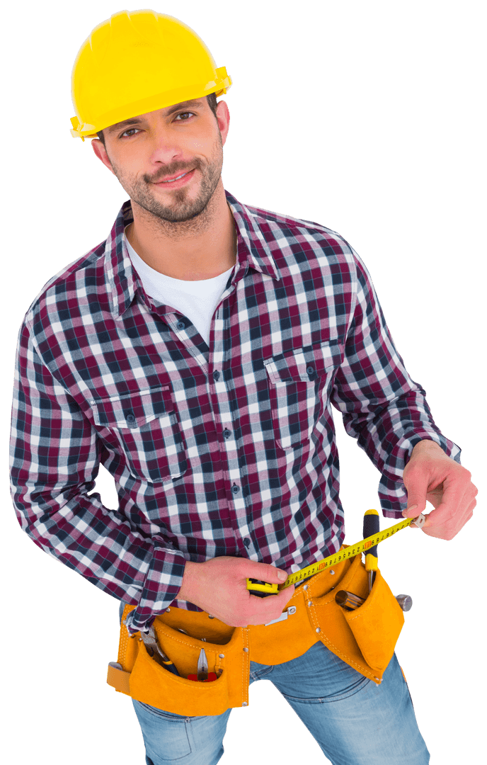 Transparent Smiling Handyman with Tools and Tape Measure