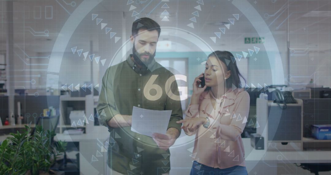 Colleagues Discussing Documents with 6G Technology Interface in Office