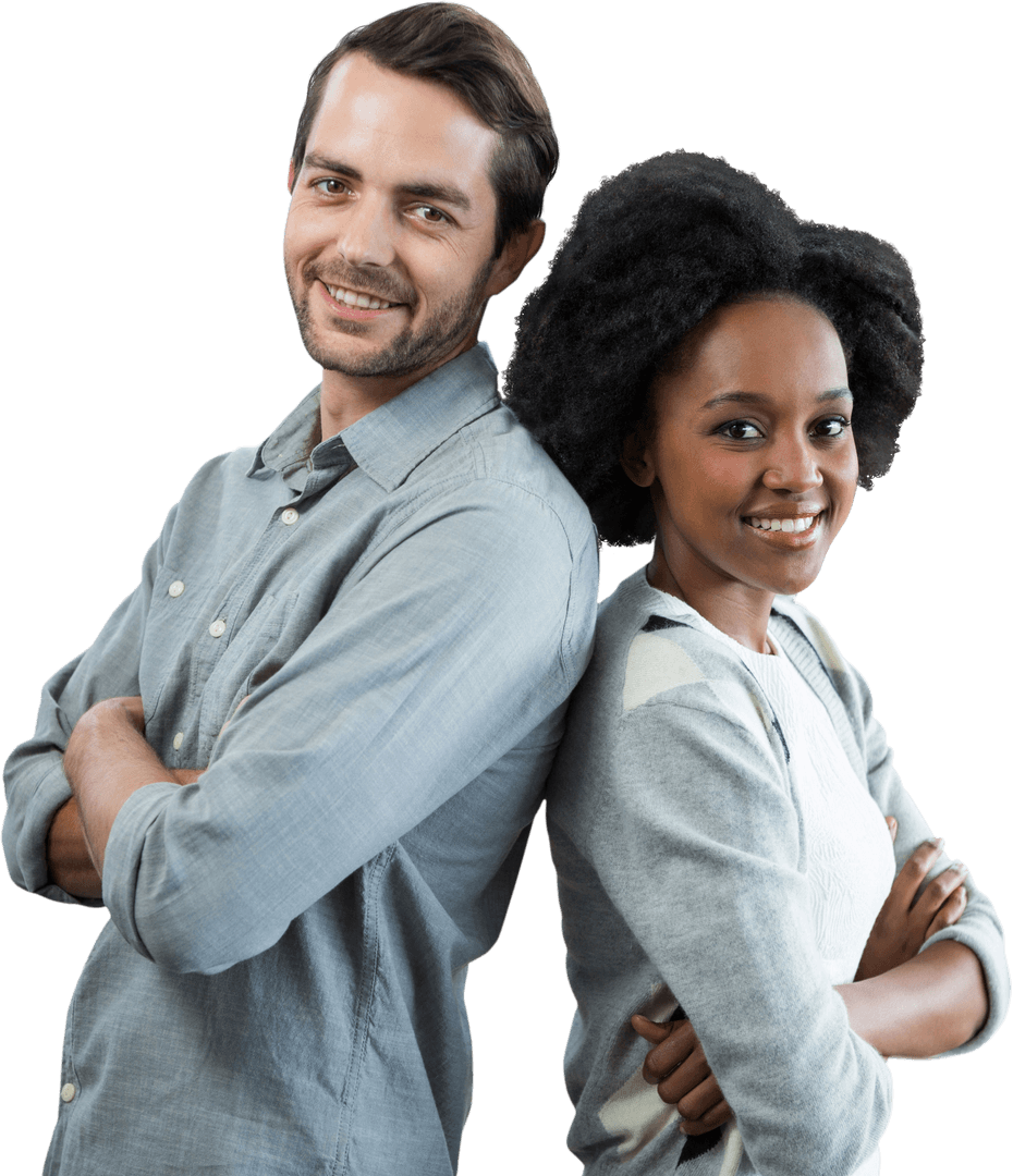 Confident Mixed Ethnic Couple Standing Back to Back on Transparent Background