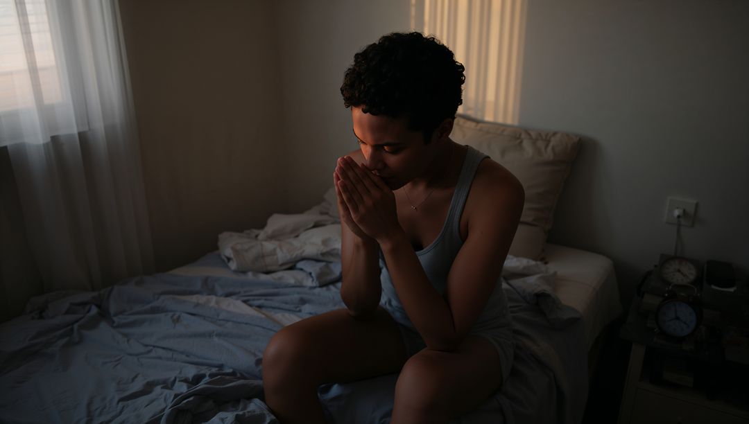 Woman sitting on unmade bed praying and reflecting in soft morning light