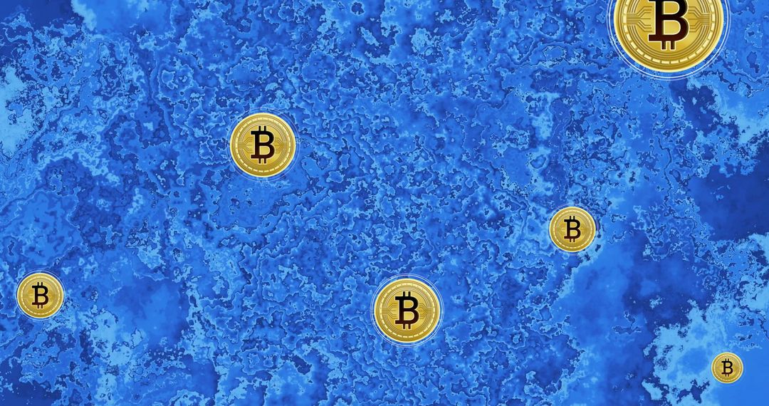 Bitcoin Symbols Floating on Blue Abstract Background
