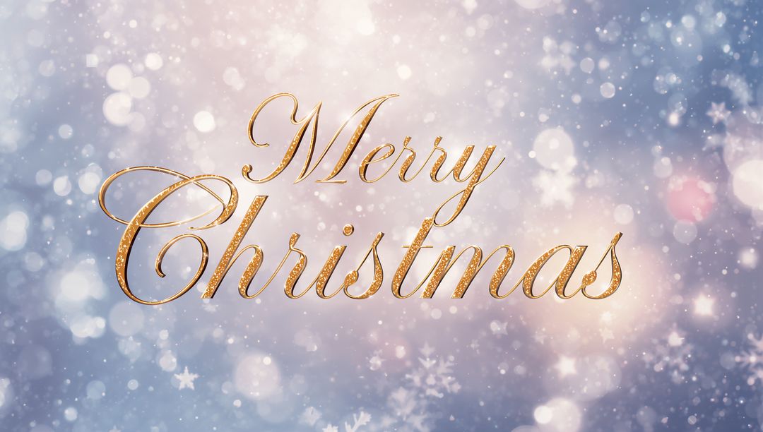 Gold Script Merry Christmas Calligraphy with Glitter Effect Holiday Blue-Pink Snow Bokeh
