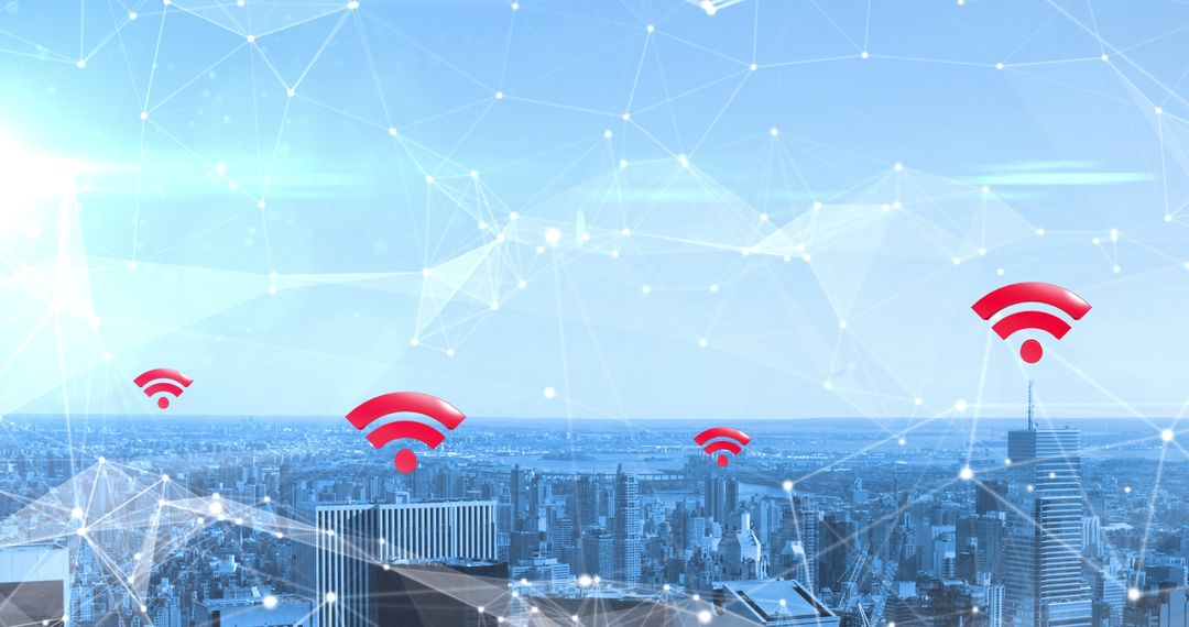WiFi Icons over Digital City with Network Connections