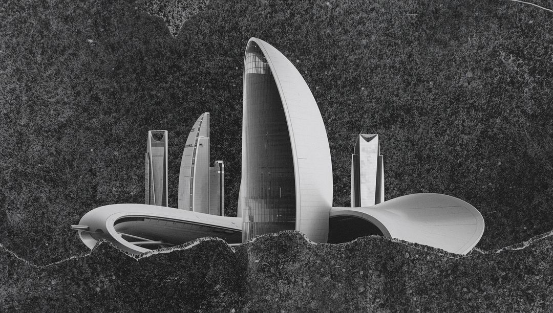 Futuristic Sculptural Architecture Cluster with Oval Shell Tower and Curvilinear Facade