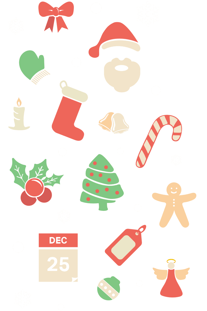 Colorful Christmas Symbols on Transparent Background for Festive Decoration