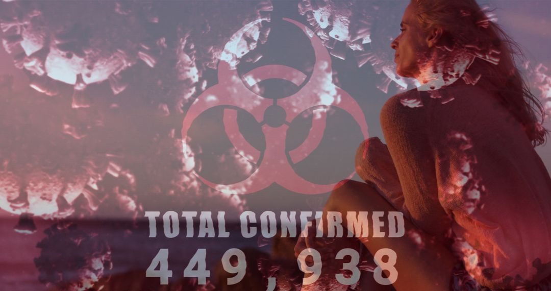 Reflective Woman with COVID-19 Alert Overlay on Beach