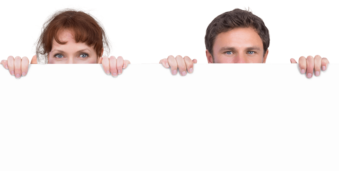 Couple Peeking Behind Transparent Blank Sign