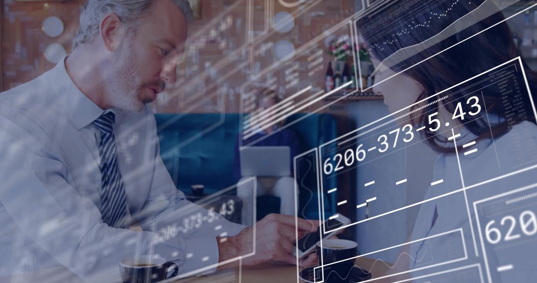 Business Discussion at Cafe with Digital Interface Overlay