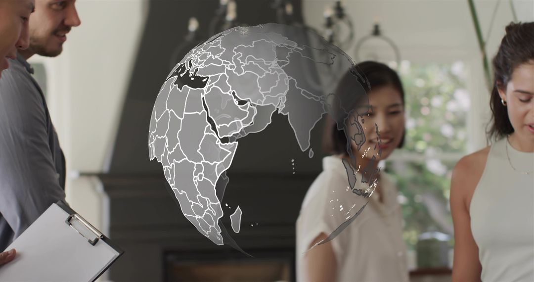 Multicultural Team Collaborating Around Digital Globe Overlay During Strategy Session