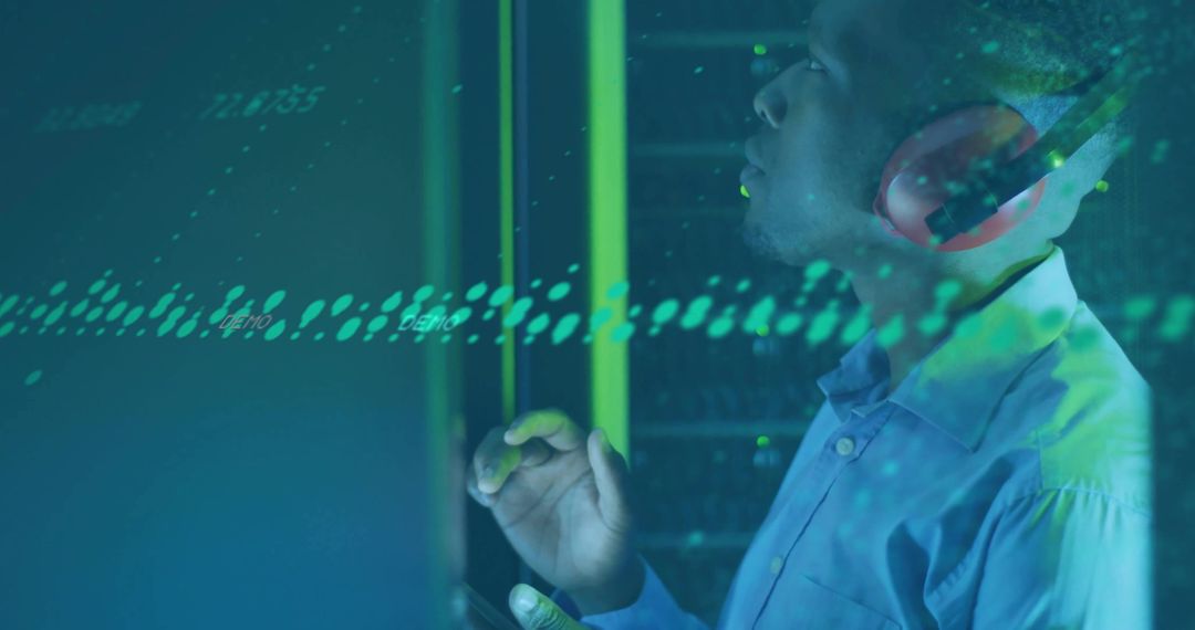 Technician Interacting with Digital Data Streams in Modern Datacenter