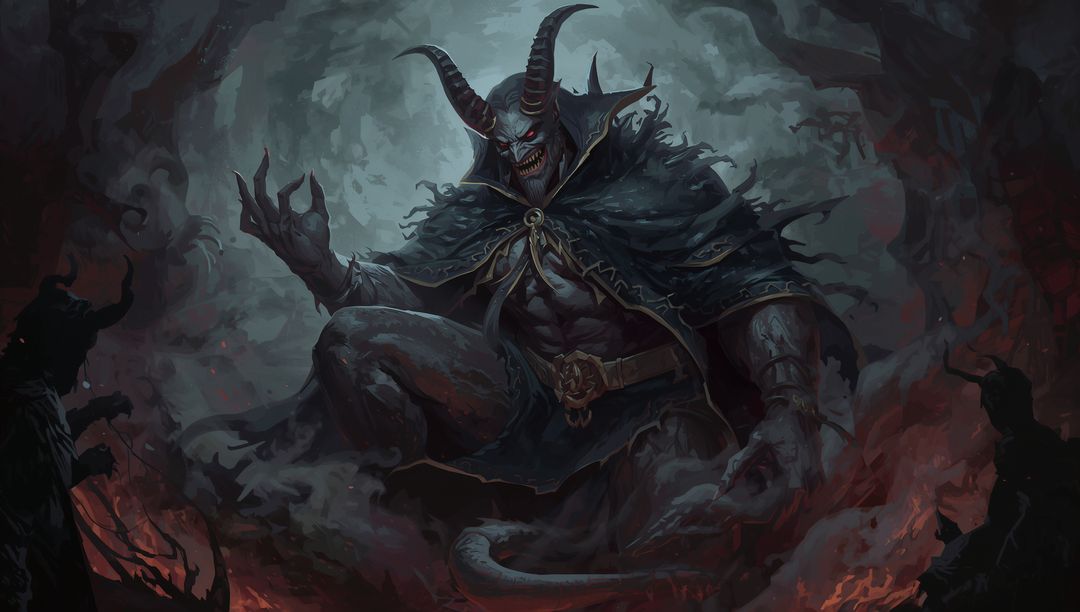 Crouching Demon Lord in Dark Fantasy Cavern with Worshippers