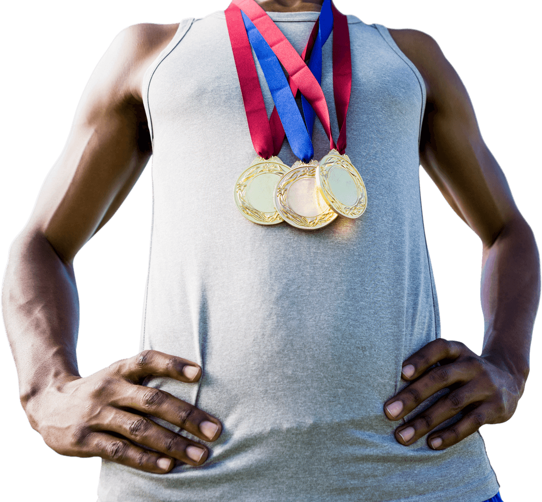 Champion Athlete Showcasing Medals on Transparent Background
