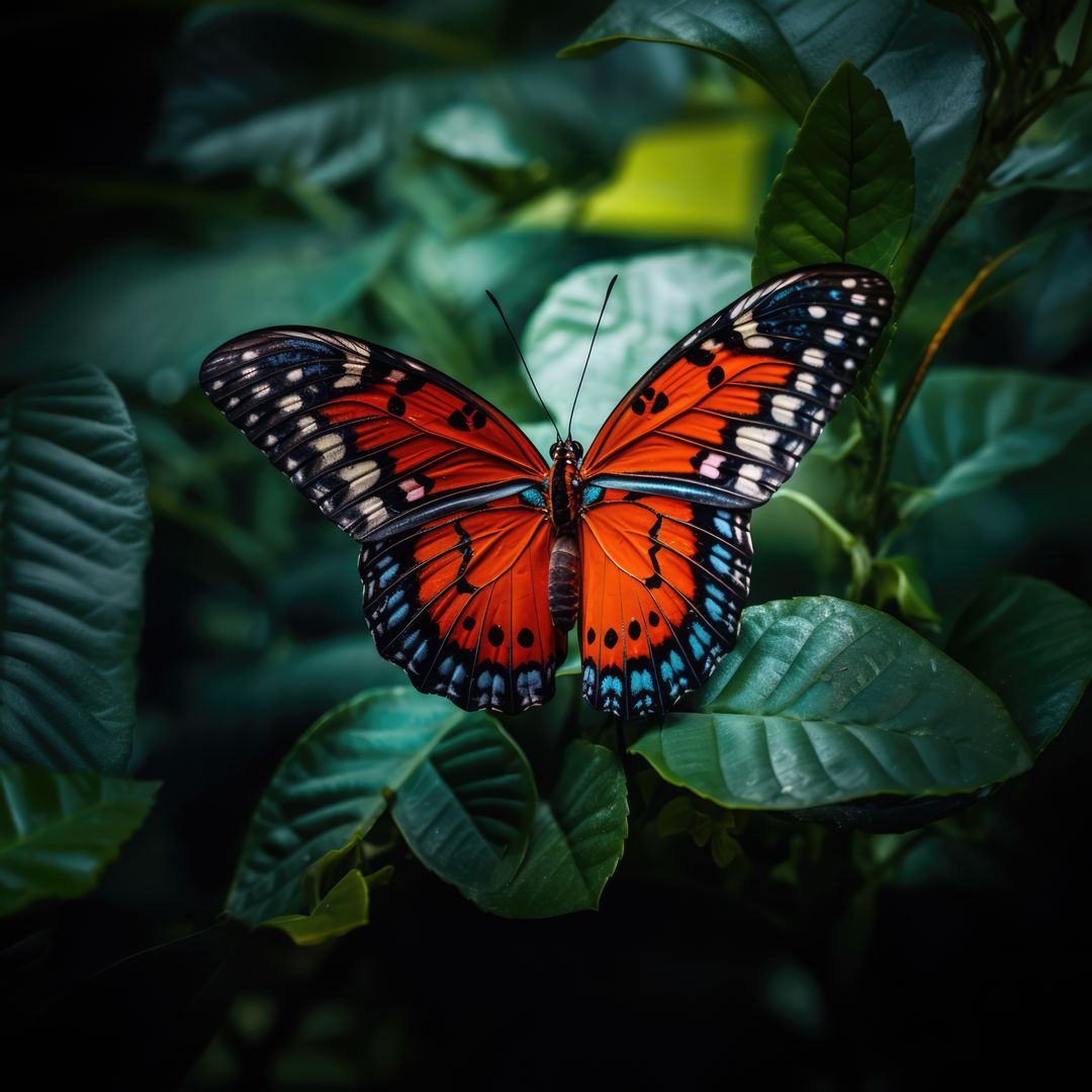 Vibrant Butterfly with Red and Blue Wings on Leafy Plant - Free Images, Stock Photos and Pictures on Pikwizard.com