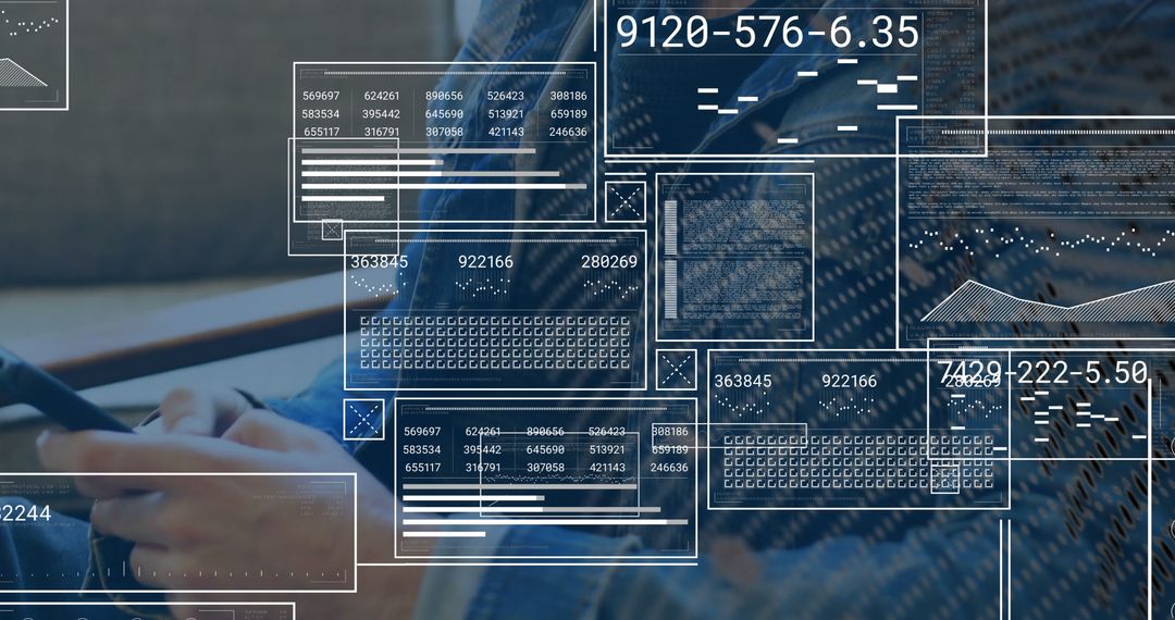 Man Using Smartphone Surrounded by Digital Data Interfaces