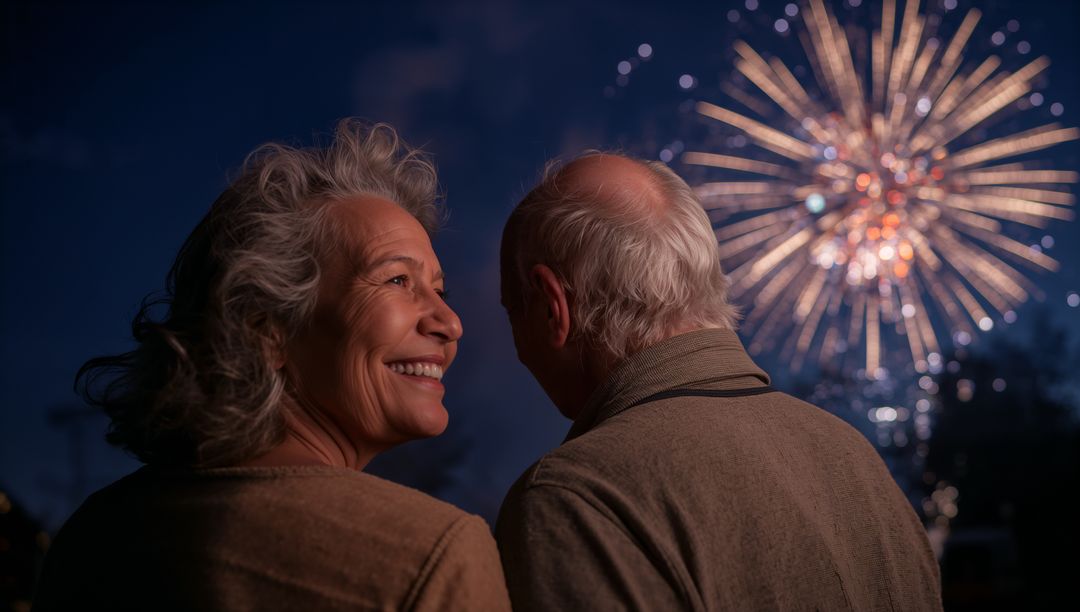 Senior couple watching fireworks at night, smiling and sharing romantic evening together