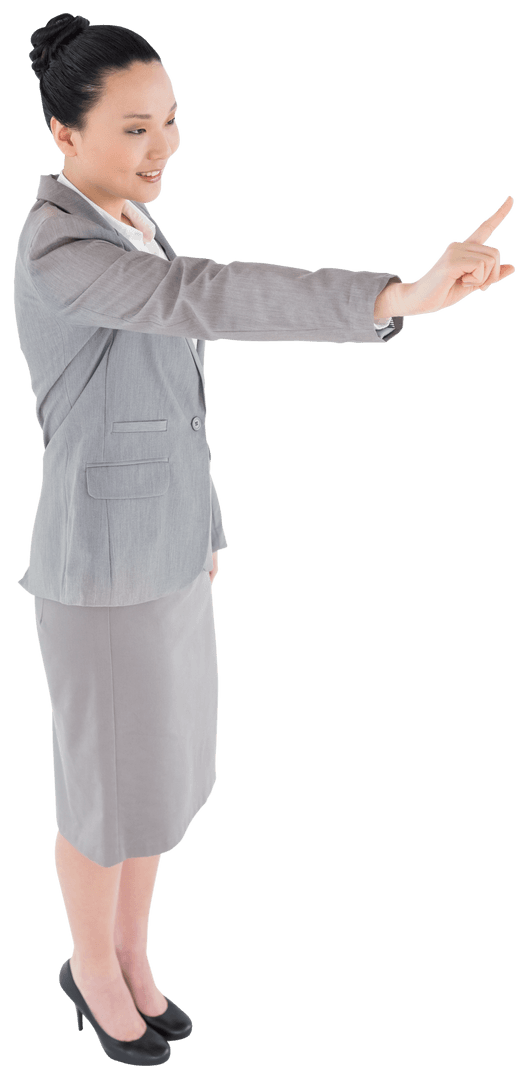 Asian Businesswoman Touching Virtual Interface on Transparent Background