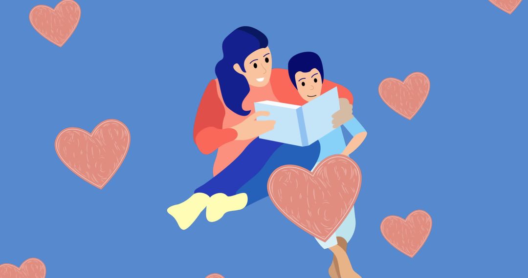 Mother Reading to Son Surrounded by Hearts