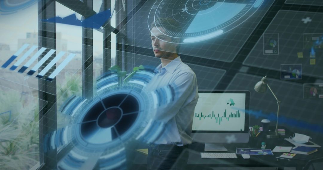 Business Professional Analyzing Holographic Data in Modern Workspace