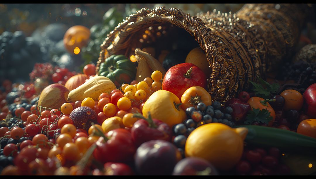 Ripe Fall Bounty Overflowing from Cornucopia with Vibrant Harvest